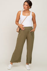 Olive Linen Frayed Hem Crop Maternity Pants