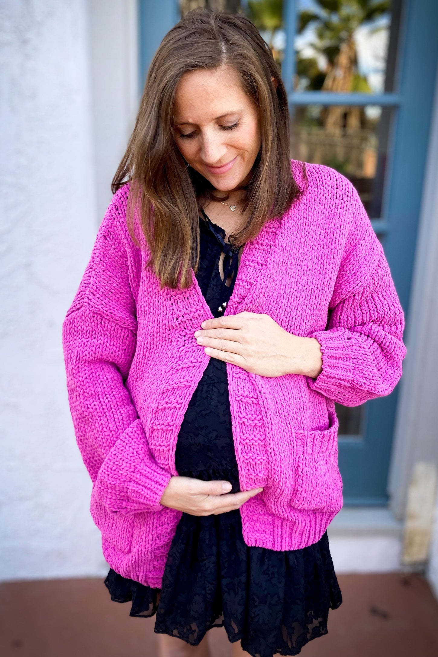 Fuchsia Oversized Bubble Sleeve Maternity Cardigan