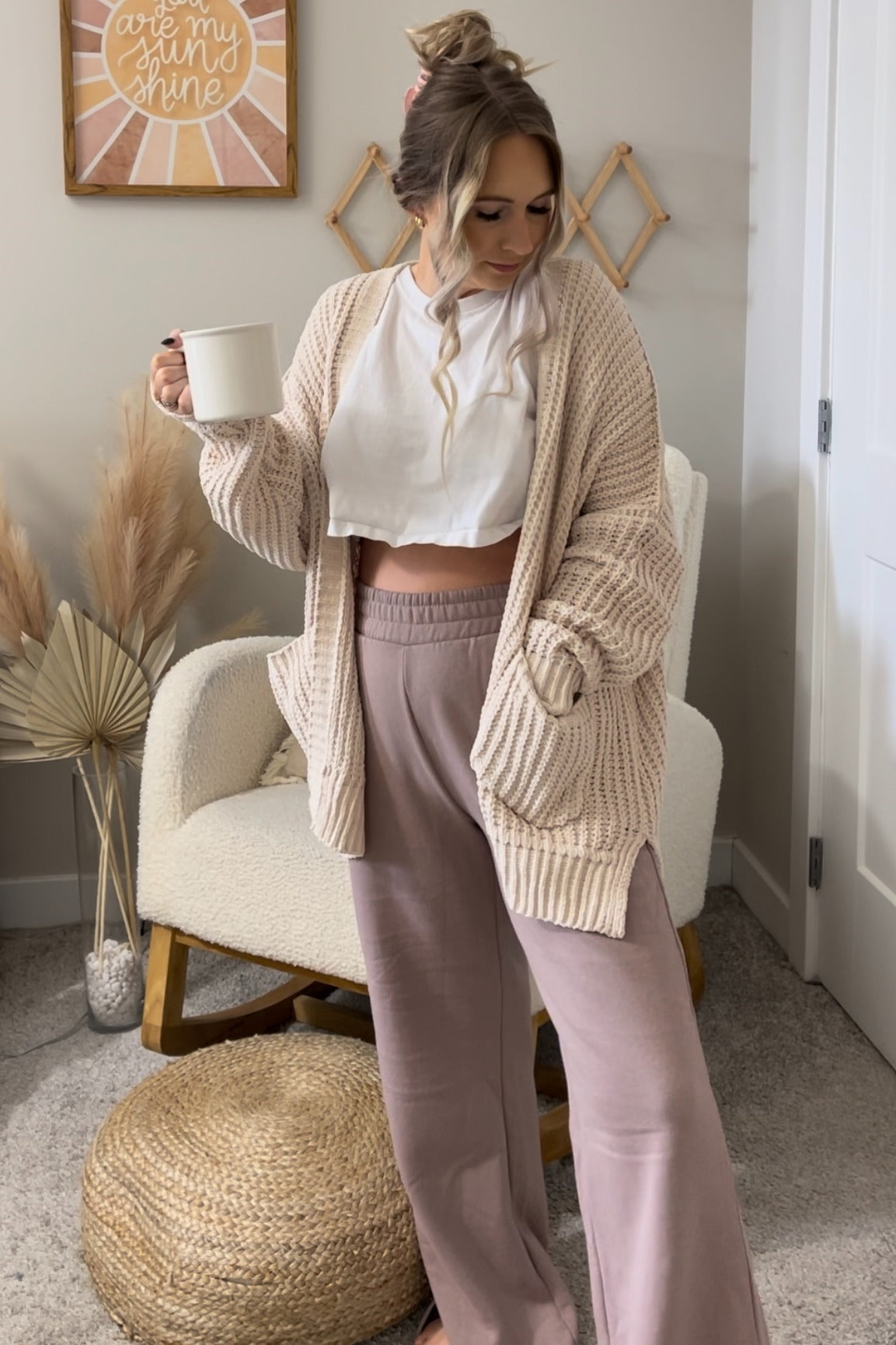 Beige Chunky Knit Oversized Cardigan