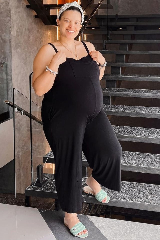 Black Sleeveless Pocketed Wide Leg Maternity Jumpsuit