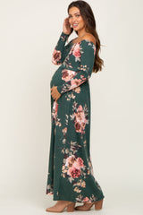 Forest Green Floral Off Shoulder Long Sleeve Maternity Maxi Dress