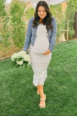 Blue Floral Chiffon Smocked Tiered Square Neck Maternity Midi Dress