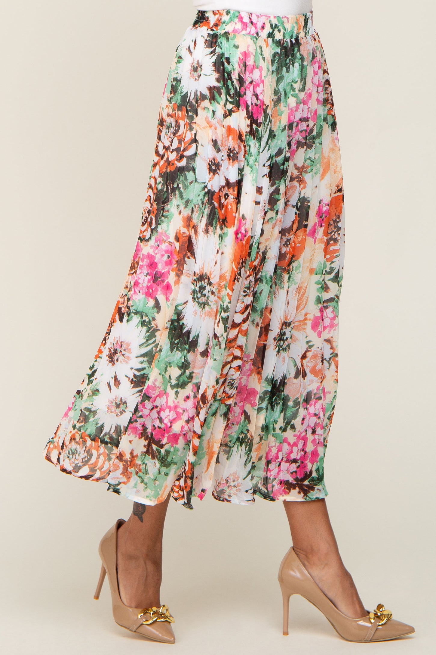 Orange Floral Pleated Midi Skirt