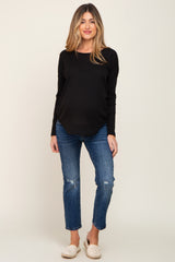 Black Waffle Knit Curved Hem Long Sleeve Maternity Top