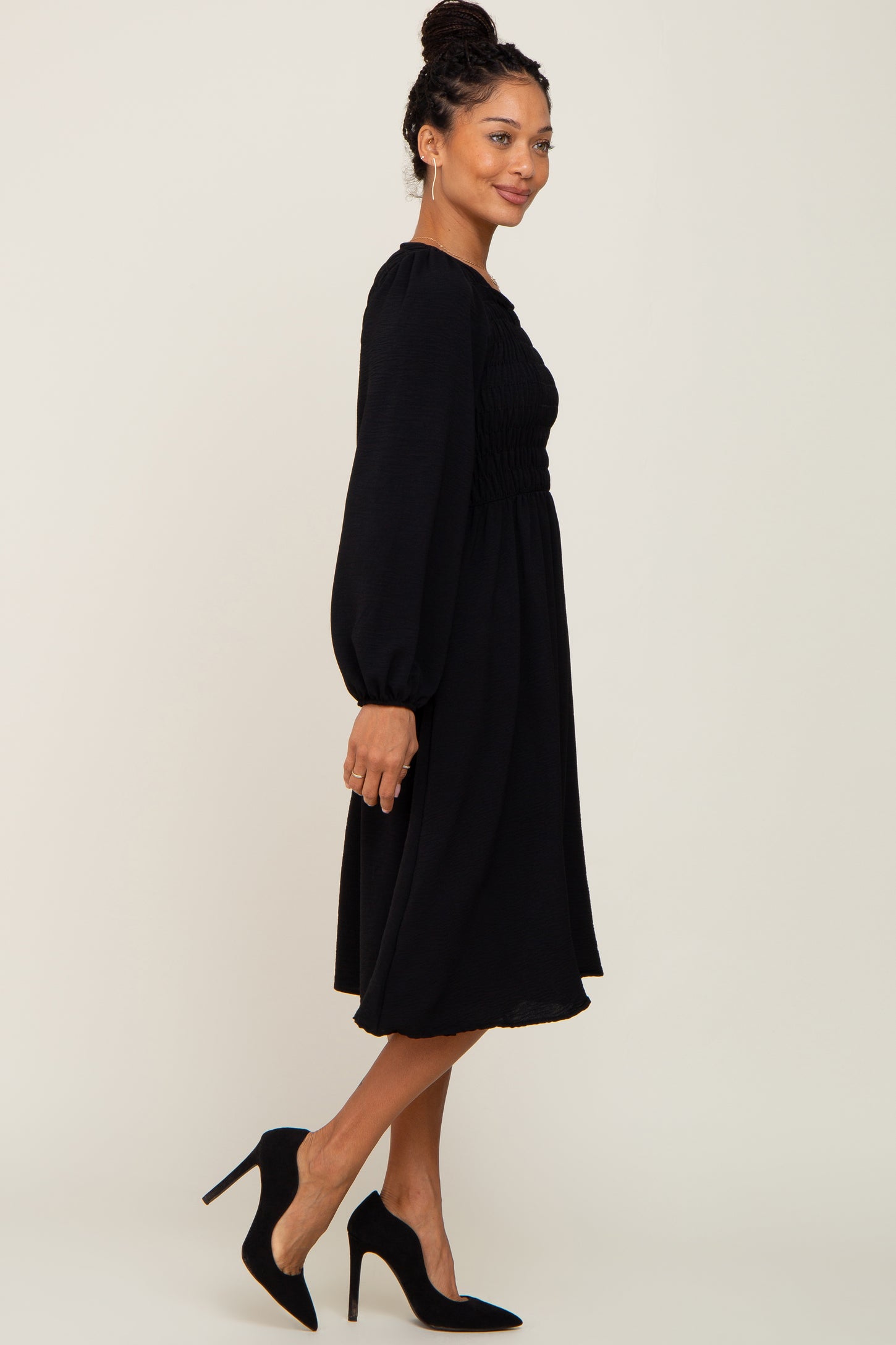 Black Smocked Long Sleeve Midi Dress