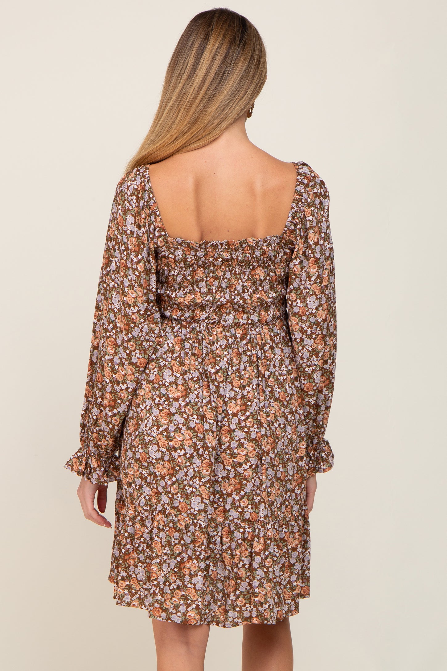 Mocha Floral Smocked Square Neck Maternity Dress