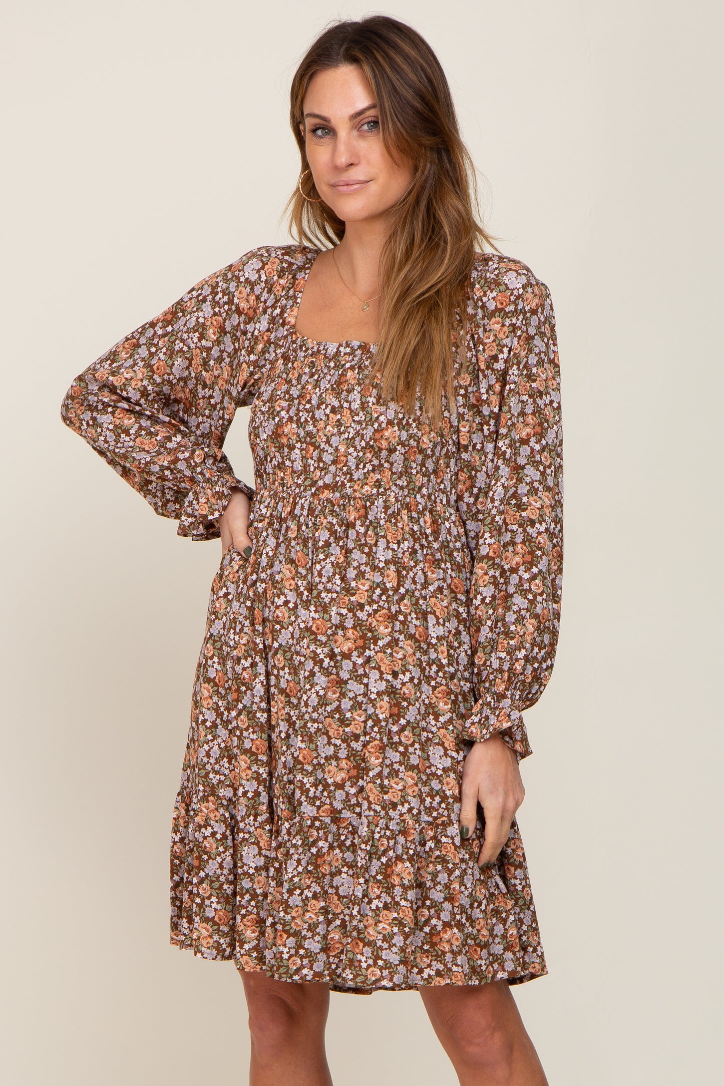Mocha Floral Smocked Square Neck Maternity Dress