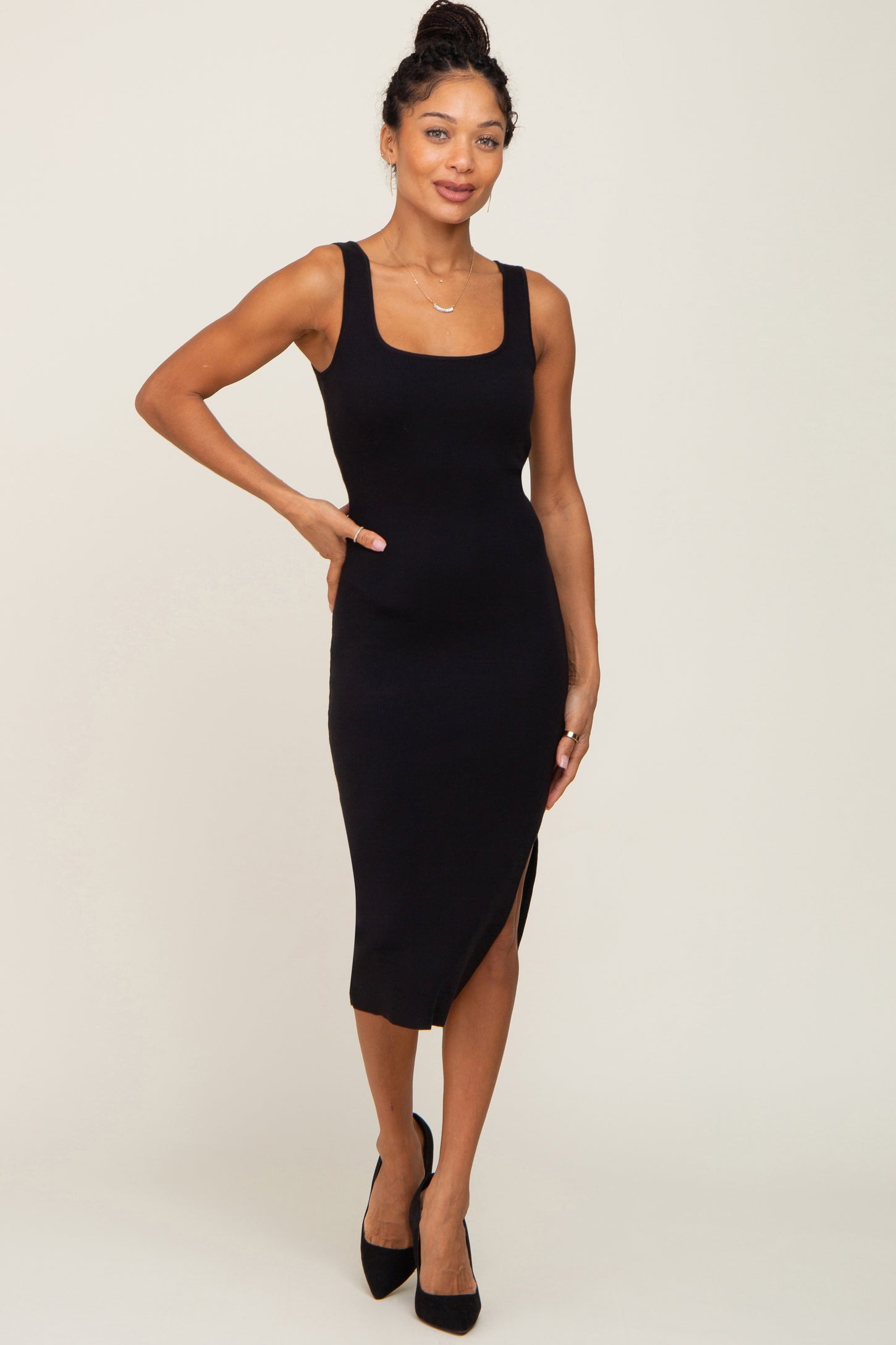 Black Knit Fitted Maternity Midi Dress