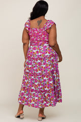 Magenta Floral Smocked Ruffle Tiered Midi Dress