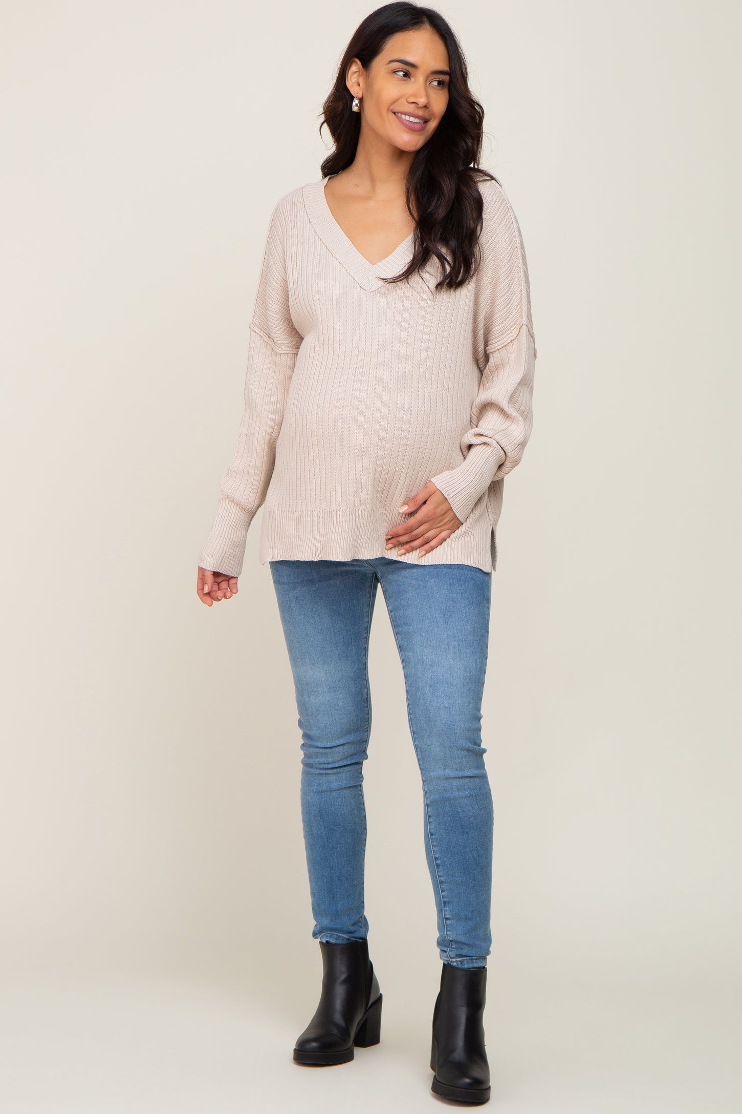 Beige V-Neck Oversized Maternity Sweater