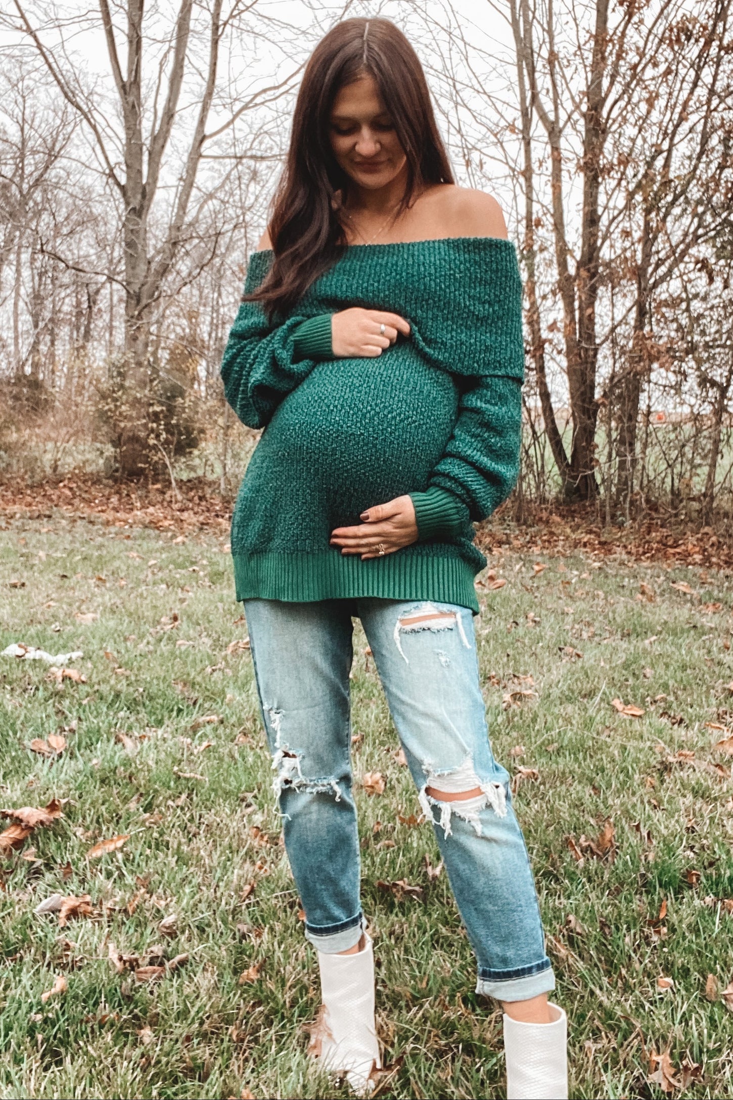 Forest Green Foldover Off Shoulder Maternity Sweater
