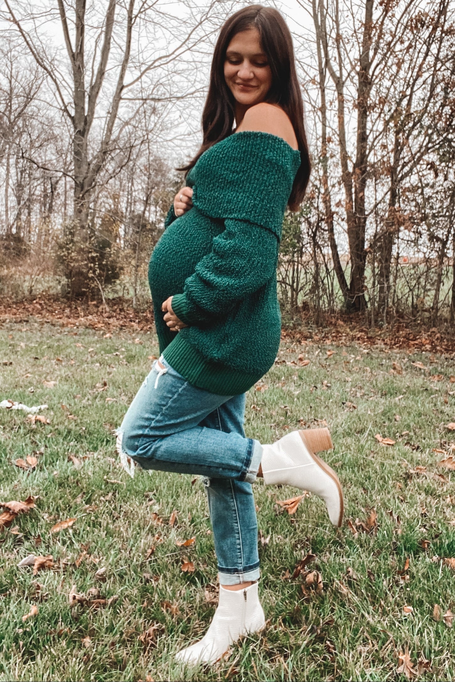 Forest Green Foldover Off Shoulder Maternity Sweater