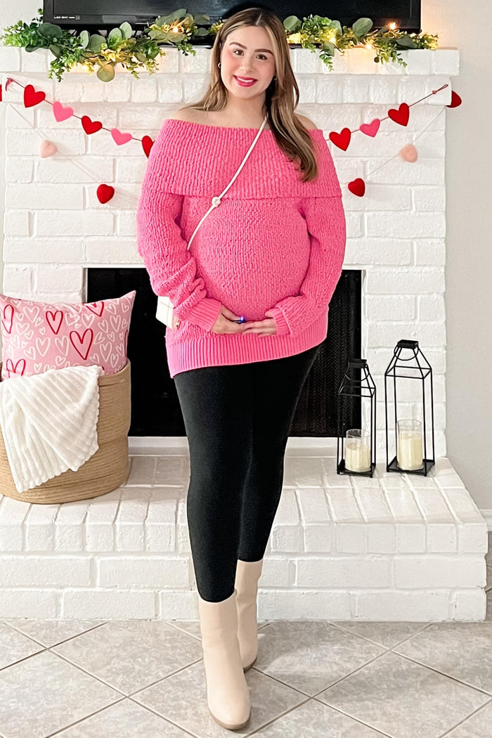 Fuchsia Foldover Off Shoulder Maternity Sweater