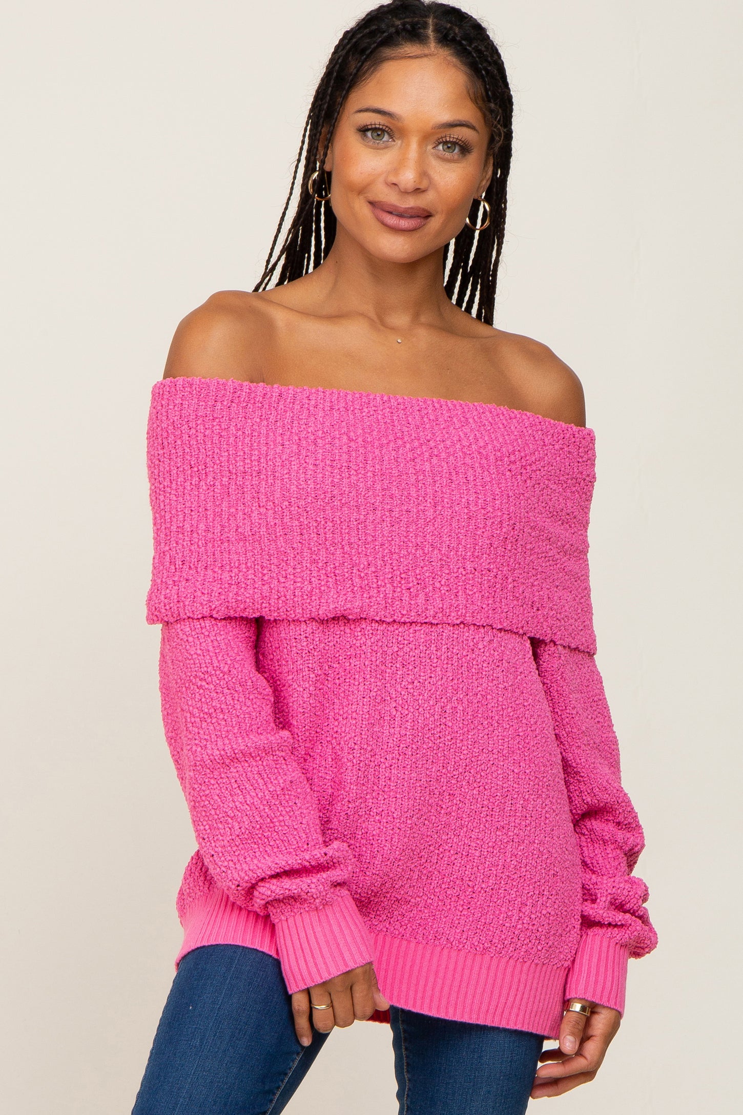 Fuchsia Foldover Off Shoulder Maternity Sweater