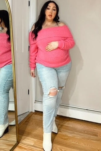 Fuchsia Foldover Off Shoulder Maternity Sweater