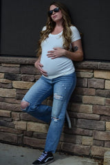 Light Blue Cropped Distressed Maternity Jeans
