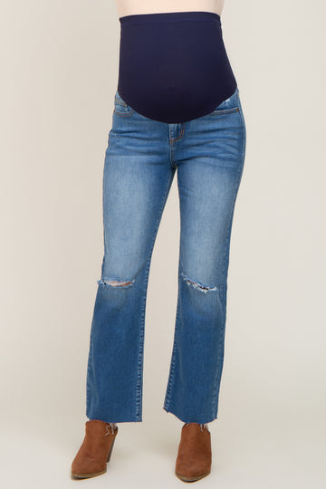 Blue Open Knee Straight Leg Maternity Jeans