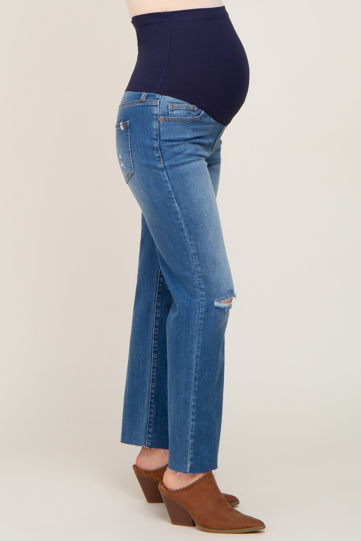 Blue Open Knee Straight Leg Maternity Jeans