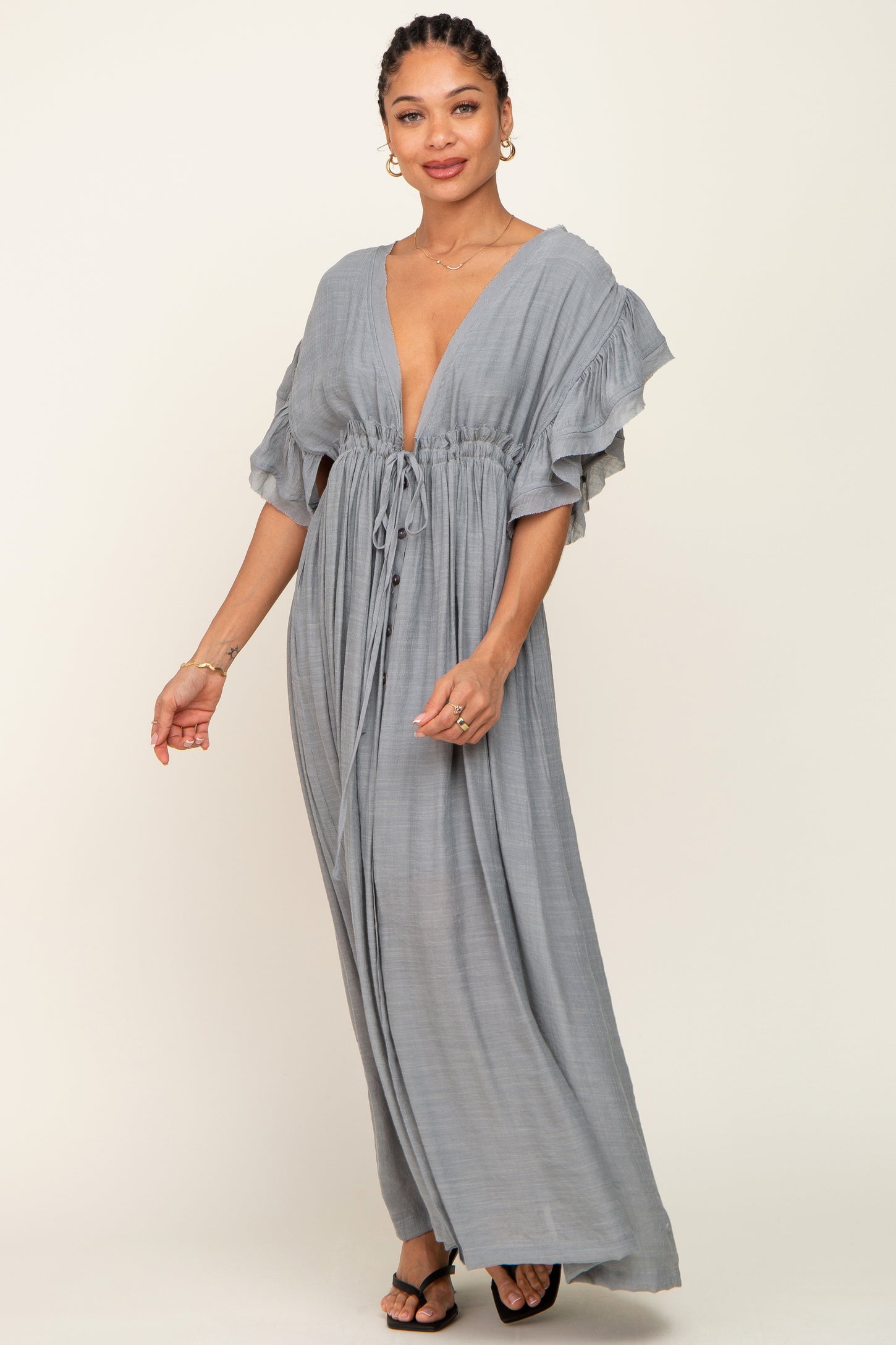 Grey Deep V-Neck Button Down Maxi Dress
