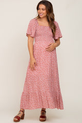 Mauve Floral Smocked Flounce Sleeve Maternity Maxi Dress