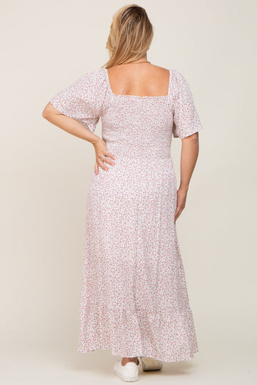 Ivory Floral Smocked Flounce Sleeve Maternity Plus Maxi Dress