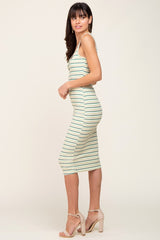 Green Striped Ribbed Fitted Midi Dress