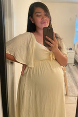 Cream Front Tie Ruffle Sleeve Maternity Midi Dress