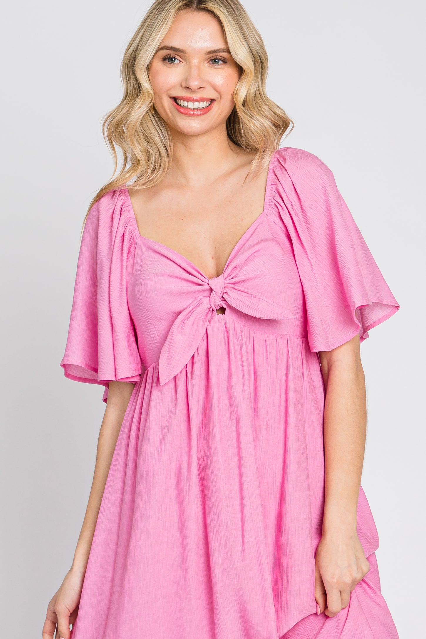 Pink Front Tie Ruffle Sleeve Midi Dress
