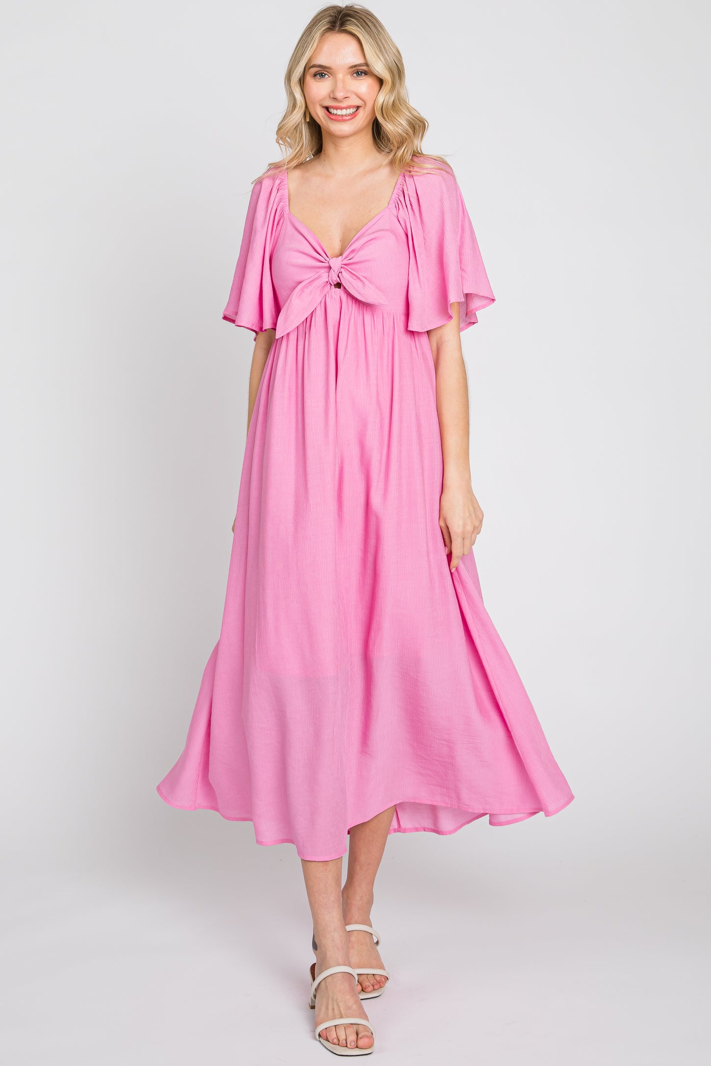 Pink Front Tie Ruffle Sleeve Midi Dress