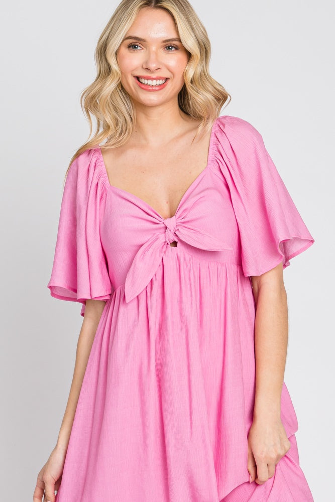 Pink Front Tie Ruffle Sleeve Midi Dress