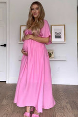 Pink Front Tie Ruffle Sleeve Maternity Midi Dress
