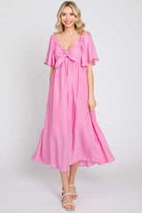 Pink Front Tie Ruffle Sleeve Midi Dress