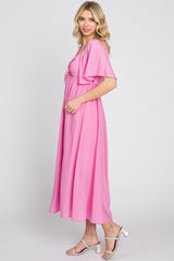 Pink Front Tie Ruffle Sleeve Midi Dress