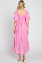 Pink Front Tie Ruffle Sleeve Midi Dress