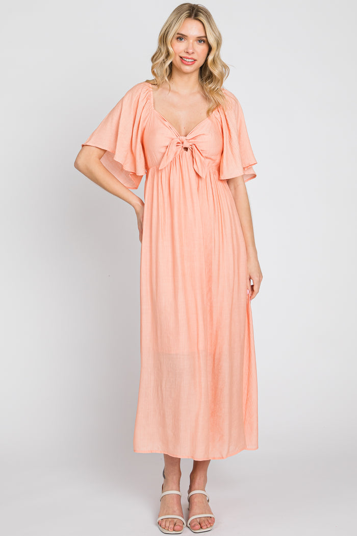 Peach Front Tie Ruffle Sleeve Maternity Midi Dress