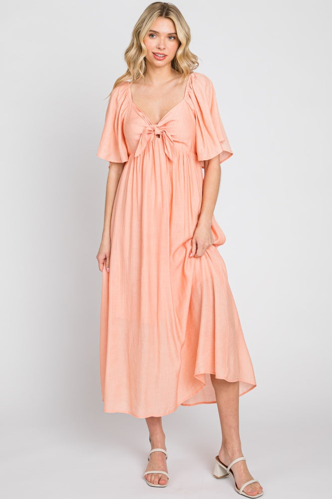 Peach Front Tie Ruffle Sleeve Midi Dress