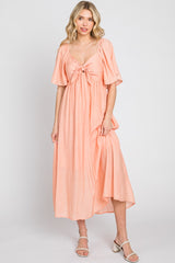 Peach Front Tie Ruffle Sleeve Midi Dress