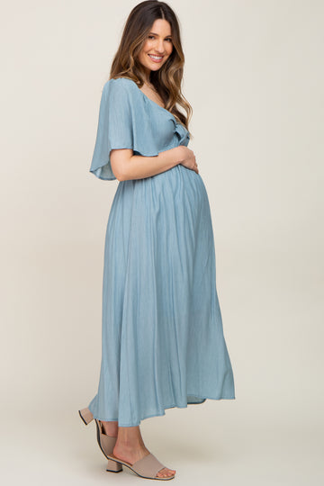 Blue Front Tie Ruffle Sleeve Maternity Midi Dress