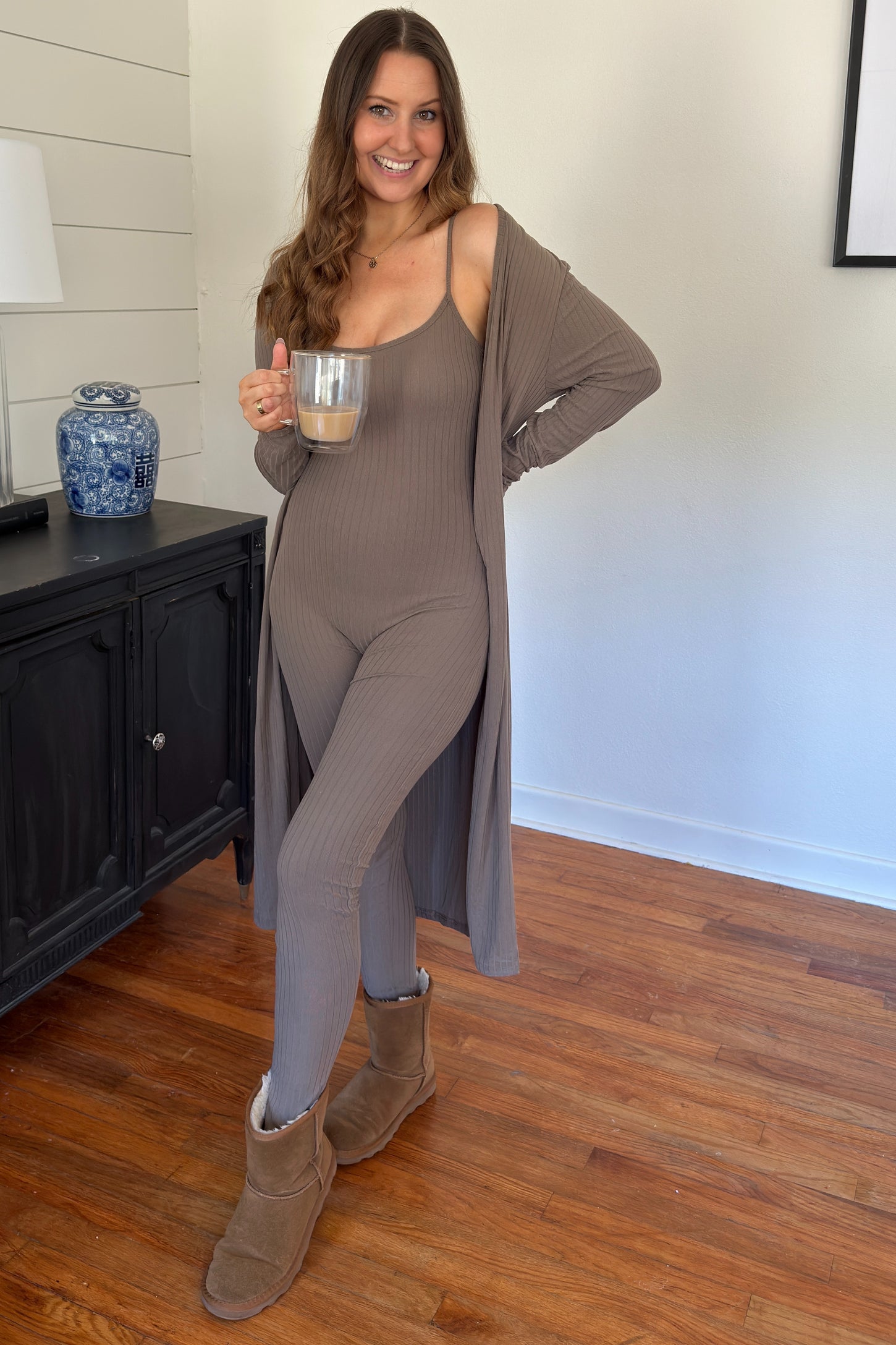Mocha Ribbed Jumpsuit Two Piece Set