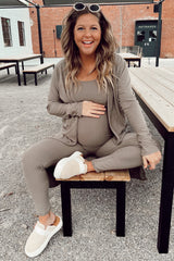 Mocha Ribbed Maternity Jumpsuit Two Piece Set