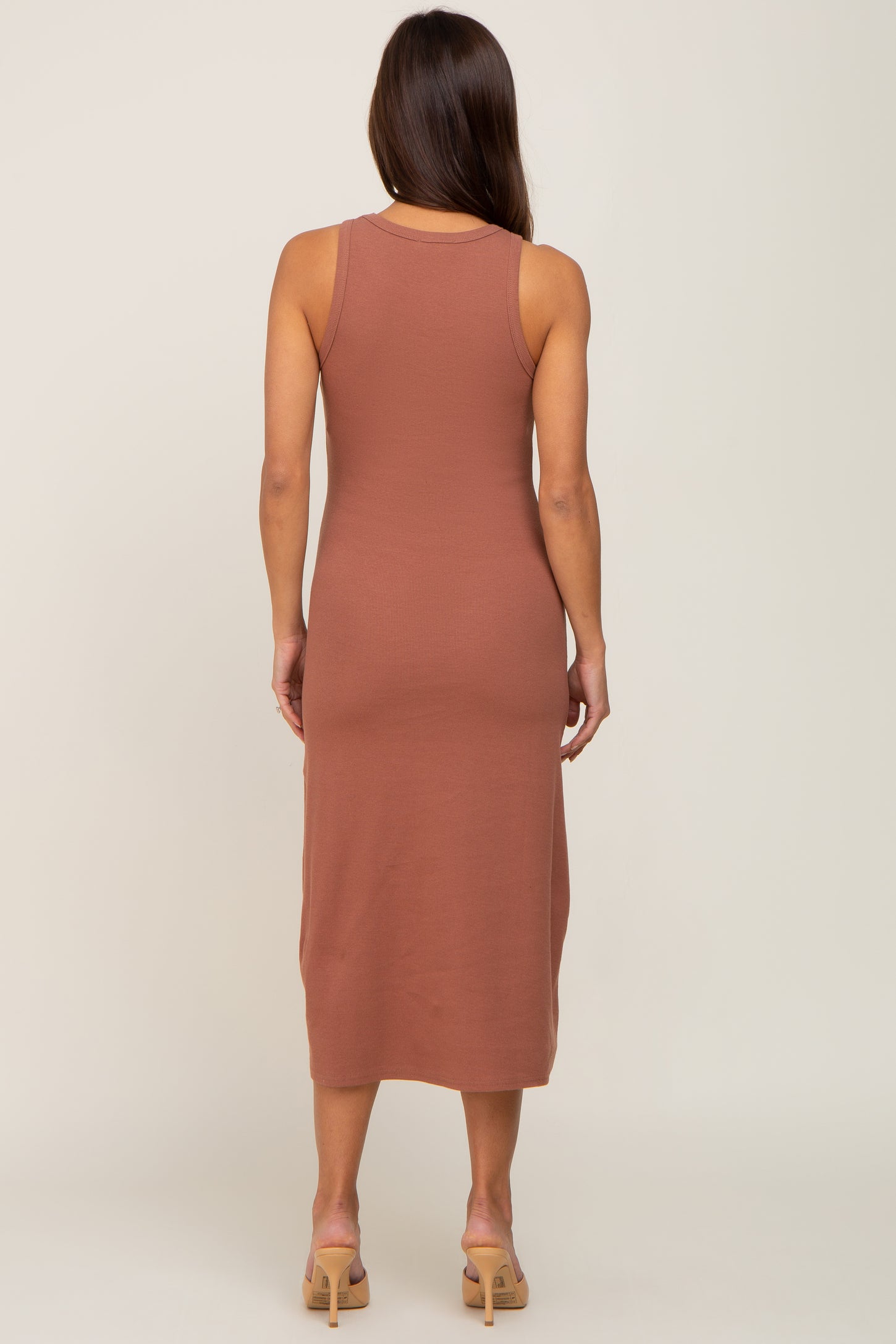 Rust Ribbed Sleeveless A-Line Maternity Midi Dress