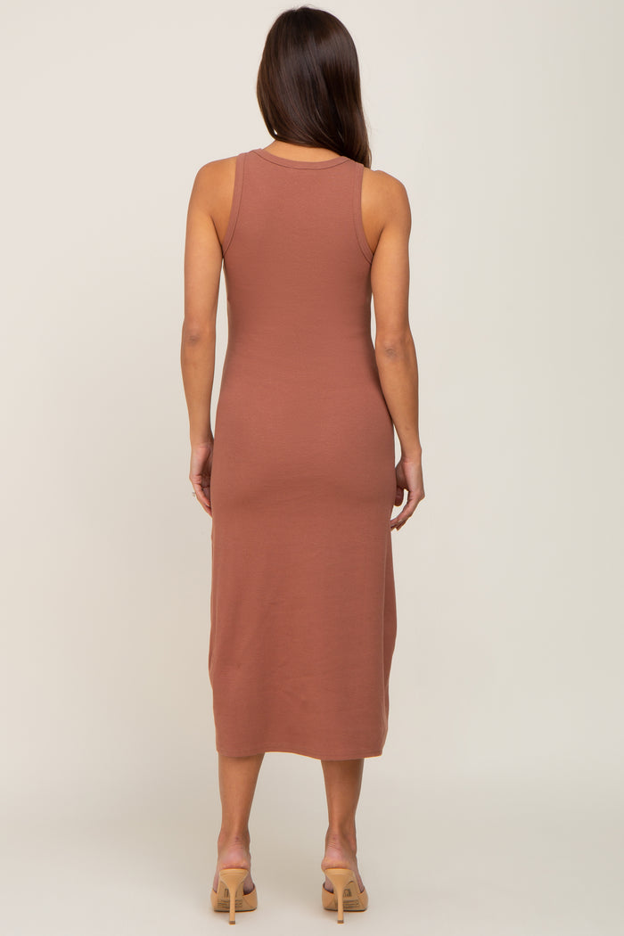 Rust Ribbed Sleeveless A-Line Maternity Midi Dress
