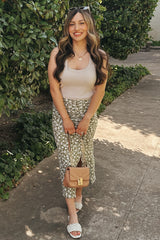 Light Olive Floral Drawstring Front Midi Skirt