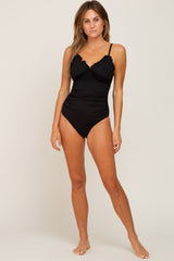 Black Ribbed Ruffle Ruched One Piece Swimsuit