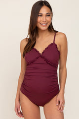 Plum Ribbed Ruffle Ruched Maternity One Piece Swimsuit