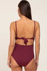 Plum Ribbed Ruffle Ruched Maternity One Piece Swimsuit