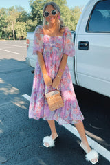 Pink Floral Shimmer Chiffon Midi Dress
