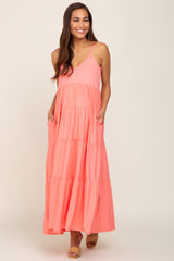 Coral Pink Tiered Sleeveless Maternity Maxi Dress