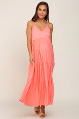 Coral Pink Tiered Sleeveless Maternity Maxi Dress