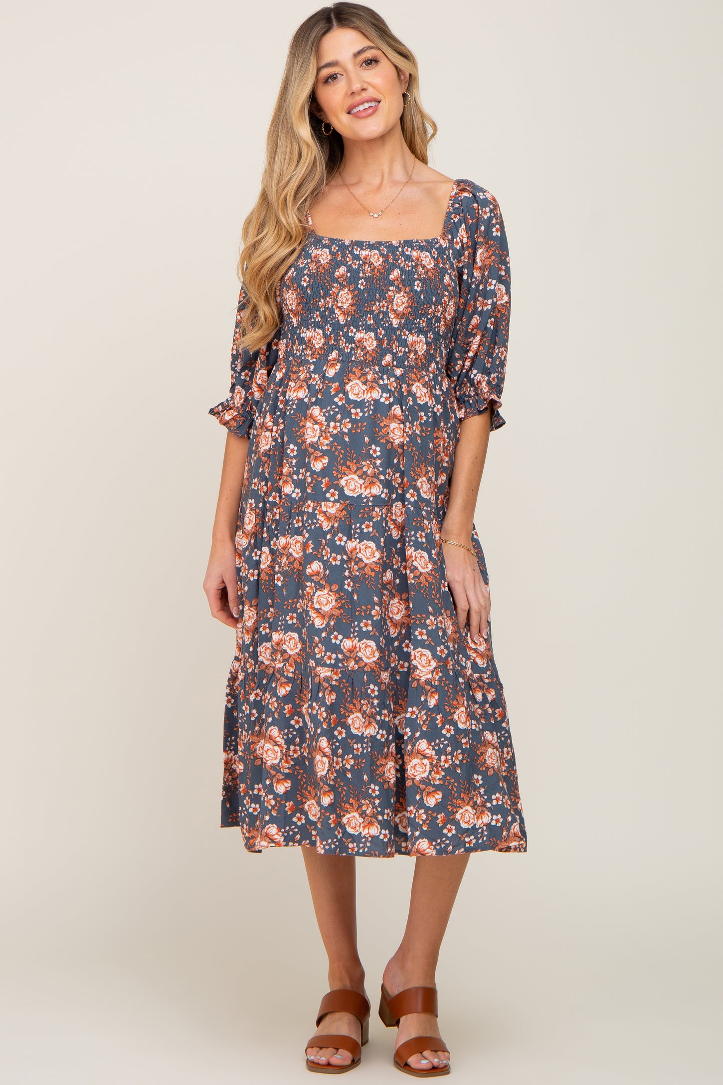 Navy Floral Smocked 3/4 Sleeve Maternity Midi Dress